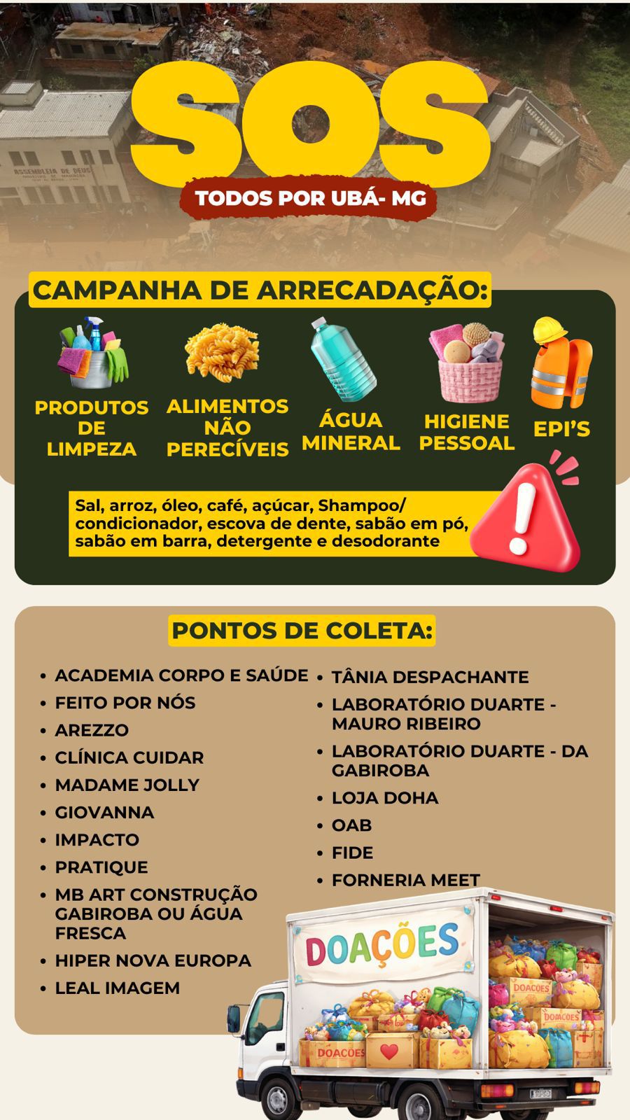 Empresários de Itabira se unem para enviar ajuda a Ubá após devastação das chuvas